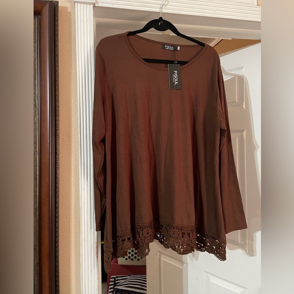 NWT FISOUL Brown bottom lace trim long sleeve top size XXL 🍂🍃🍁F